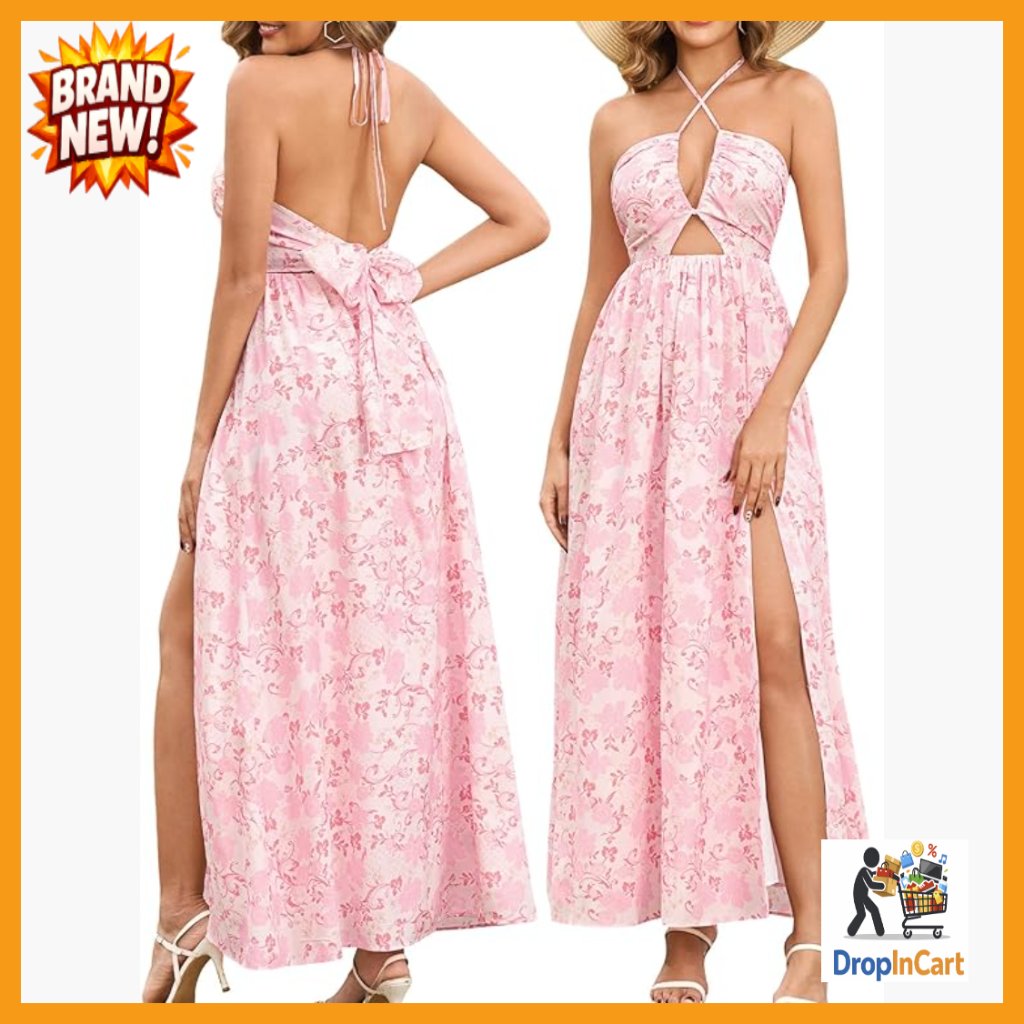 Floral Halter Maxi Dress Boho Backless Slit Casual Vacation Beach Wear